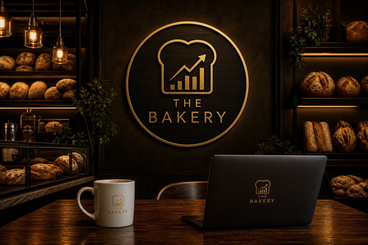 The Bakery workspace with gold emblem, mug, laptop, and bread shelves