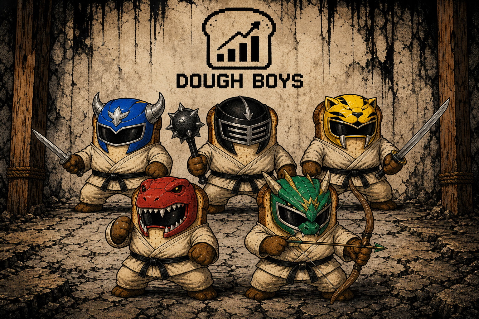 DoughBoys full-scene graphic with five martial-arts bread rangers on cracked earth