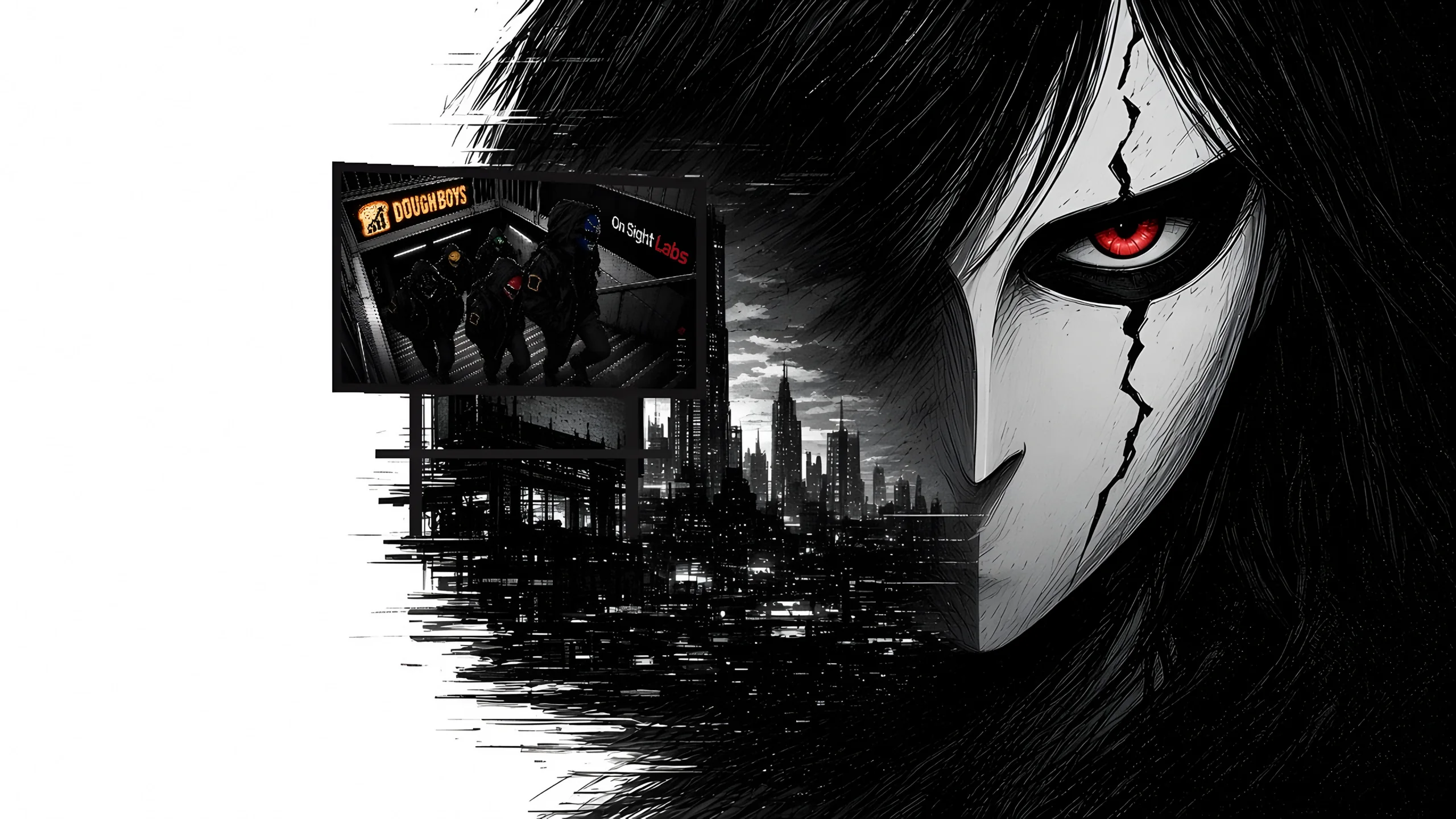 Masked On Sight girl with a red eye over a night city; the billboard shows the Dough Boys