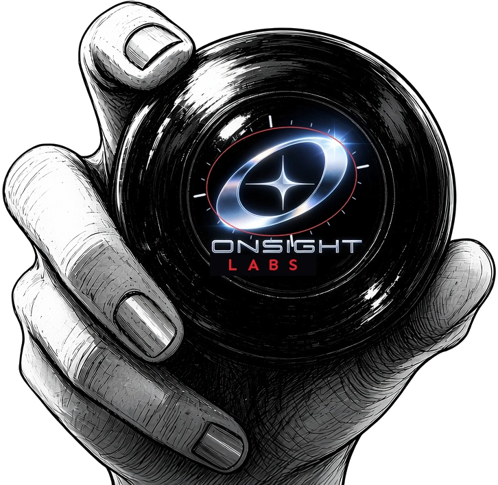 Hand holding a magic 8-ball with the On Sight reticle